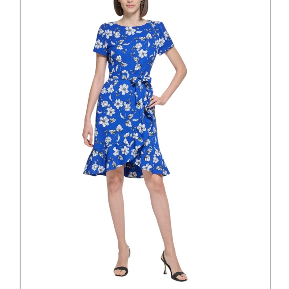 Calvin Klein Floral Print Ruffled Sheath Dress - Size: 8